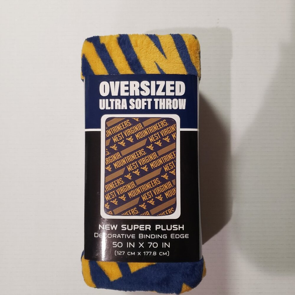 West Virginia Mountaineers WVU Plush Throw with Binding Edge Size 50"‎ x 70" NWT
